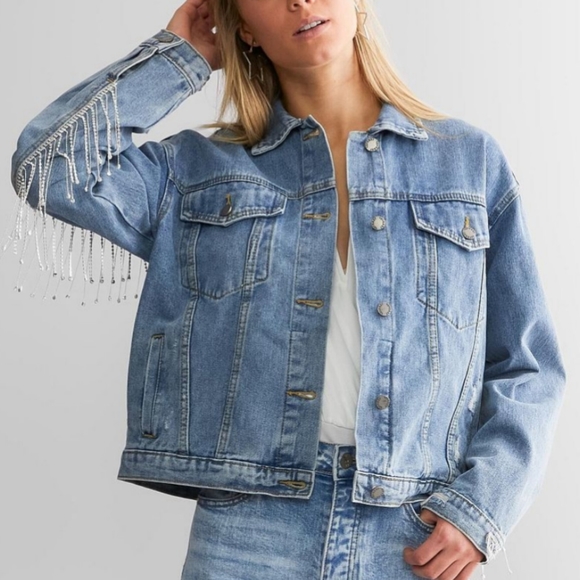 . Vervet Distressed Rhinestone Fringe Long Sleeve Denim Jacket - Picture 2 of 8
